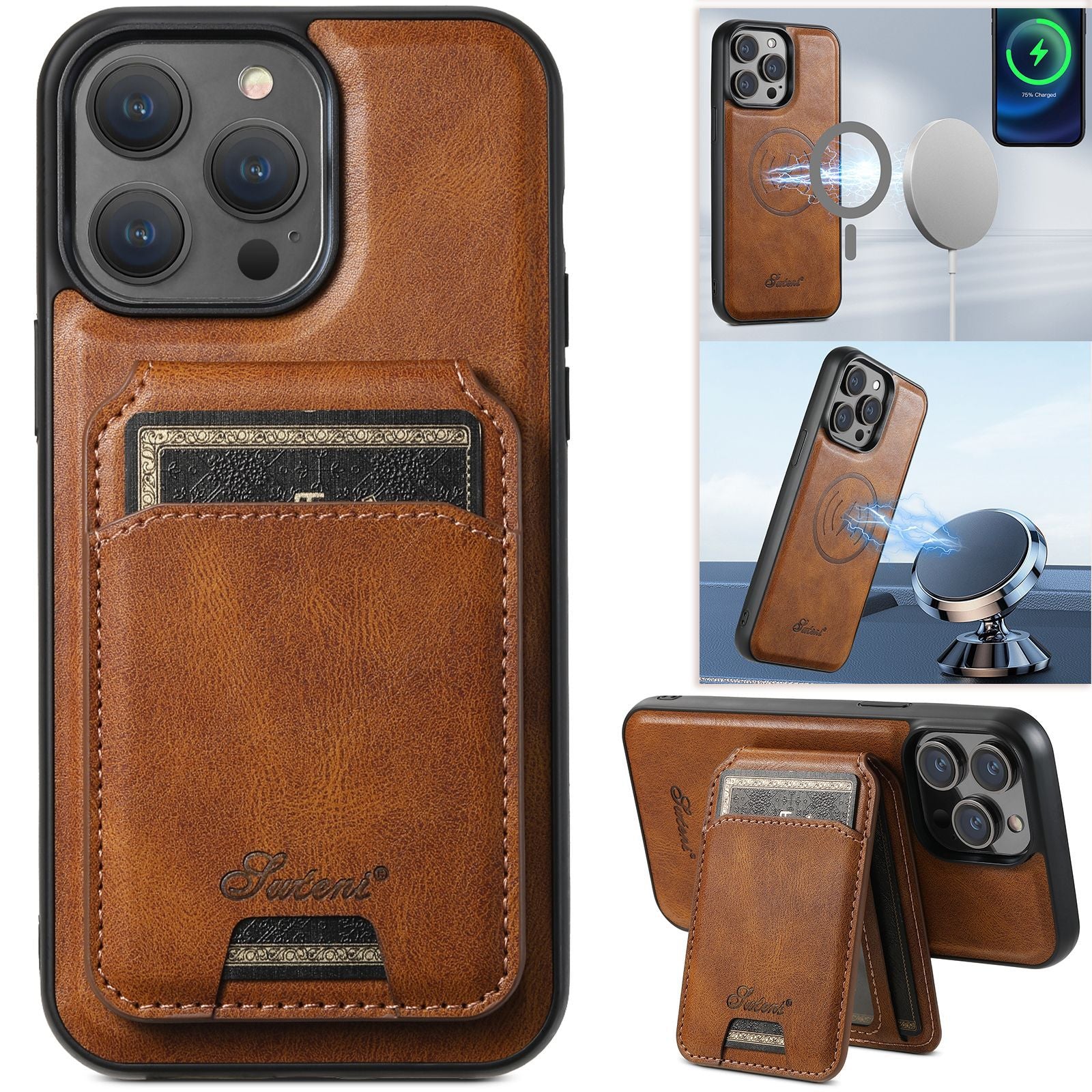 Stylish Leather Cardholder Phone Case: Magnetic Stand, MagSafe-Compatible Wireless Charging