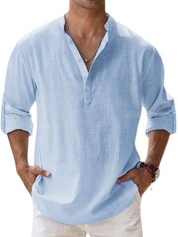 Men’s Casual Linen Henley Shirt – Lightweight Comfort for Warm Days