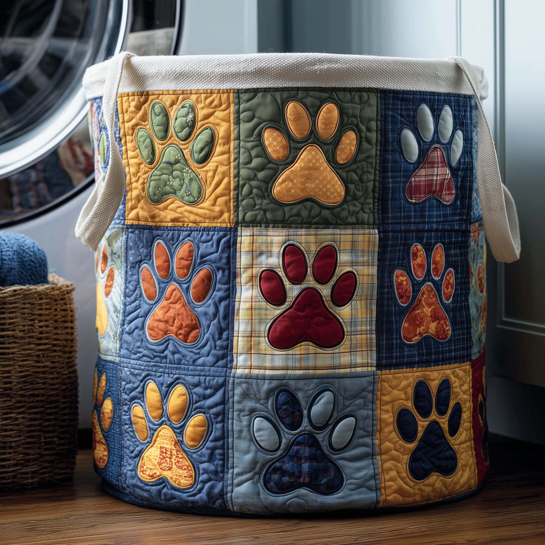Quilted laundry basket with paw print patterns in front of a washing machine.