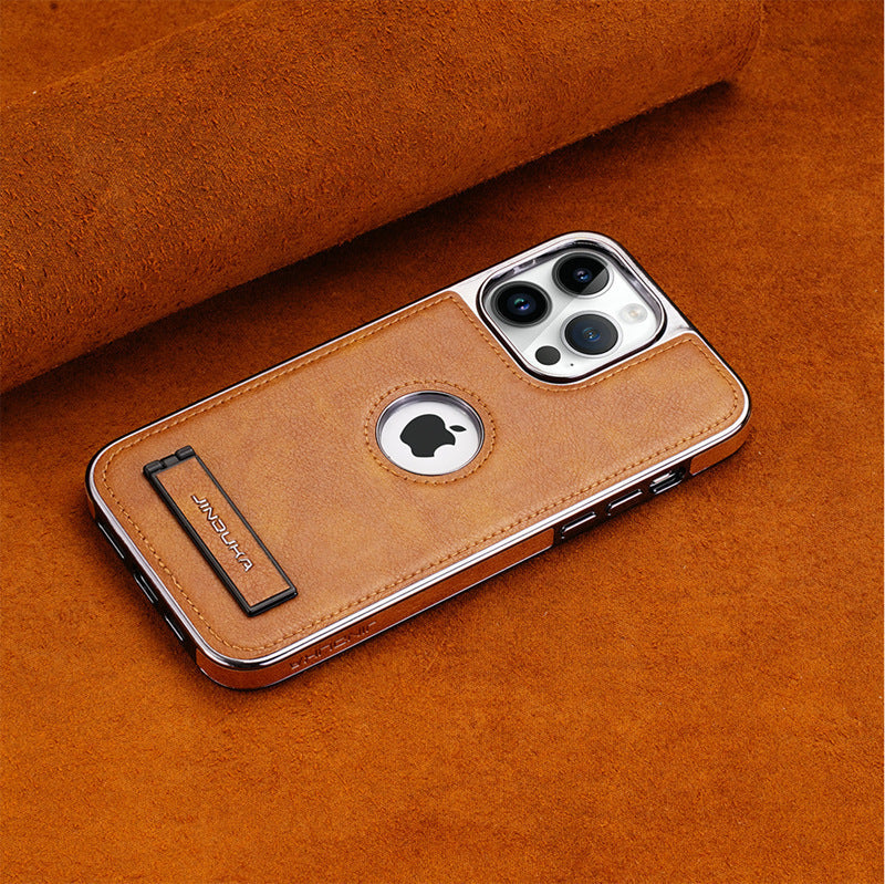 Luxury Leather Phone Case with Stand and Electroplated Frame