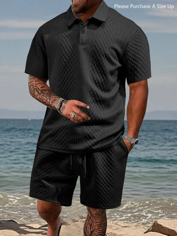 Men's Solid Polo Shirt & Drawstring Waist Shorts Set, Cozy Breathable Two-piece Outfits