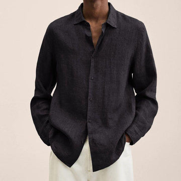 Men's Long Sleeve V-Neck Loose Button Cotton and Linen Cardigan Shirt