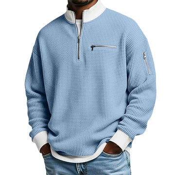 Men's Waffle Half-Zip Stand Collar Pullover with Zip Pockets
