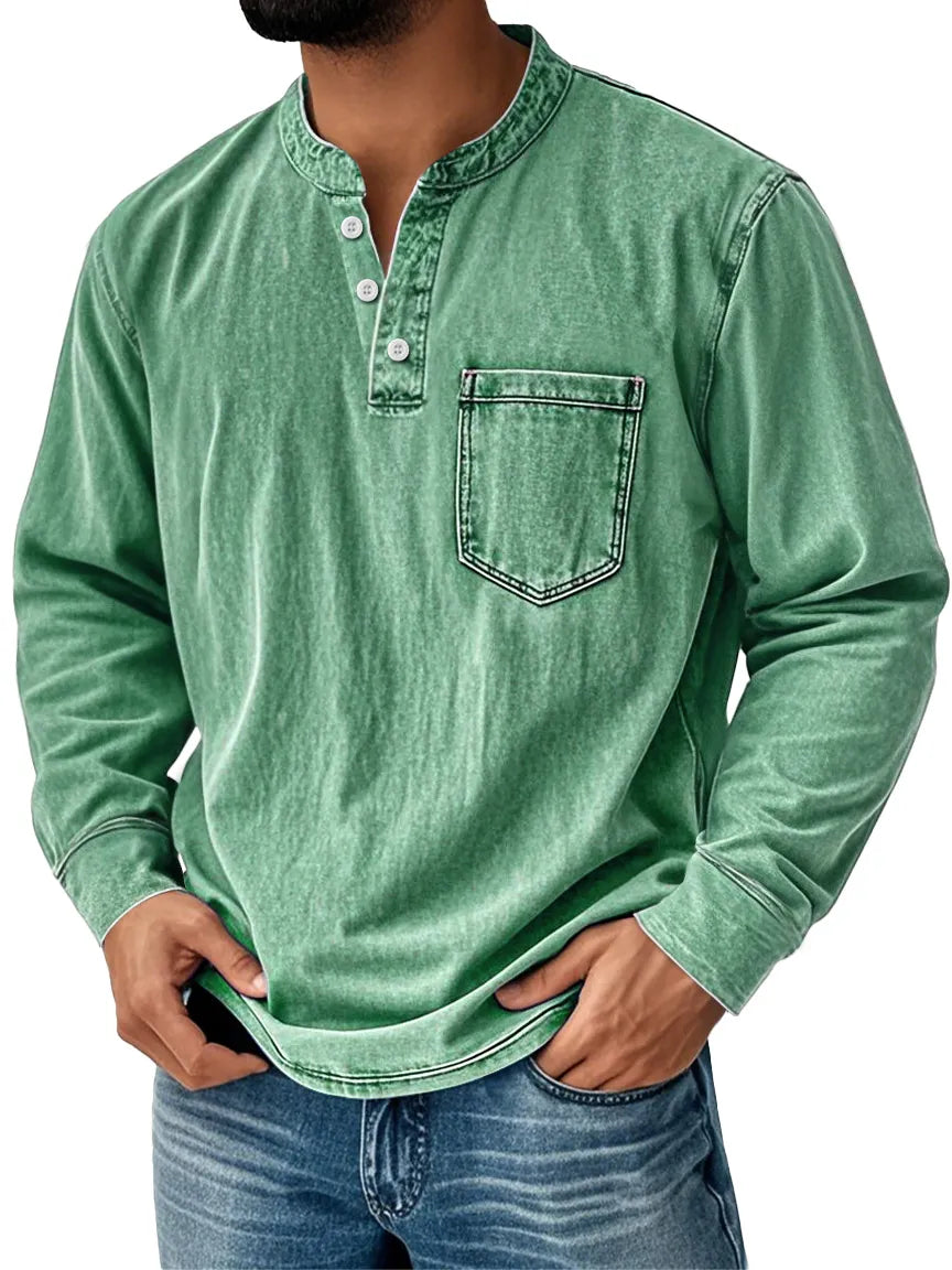 Men’s Washed Long Sleeve Henley T-Shirt