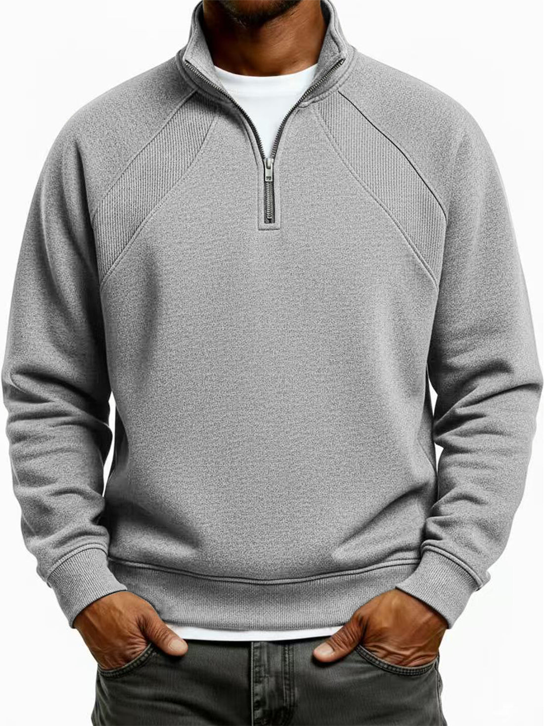 Men's Quarter-Zip Ribbed Raglan Textured Pullover Sweatshirt